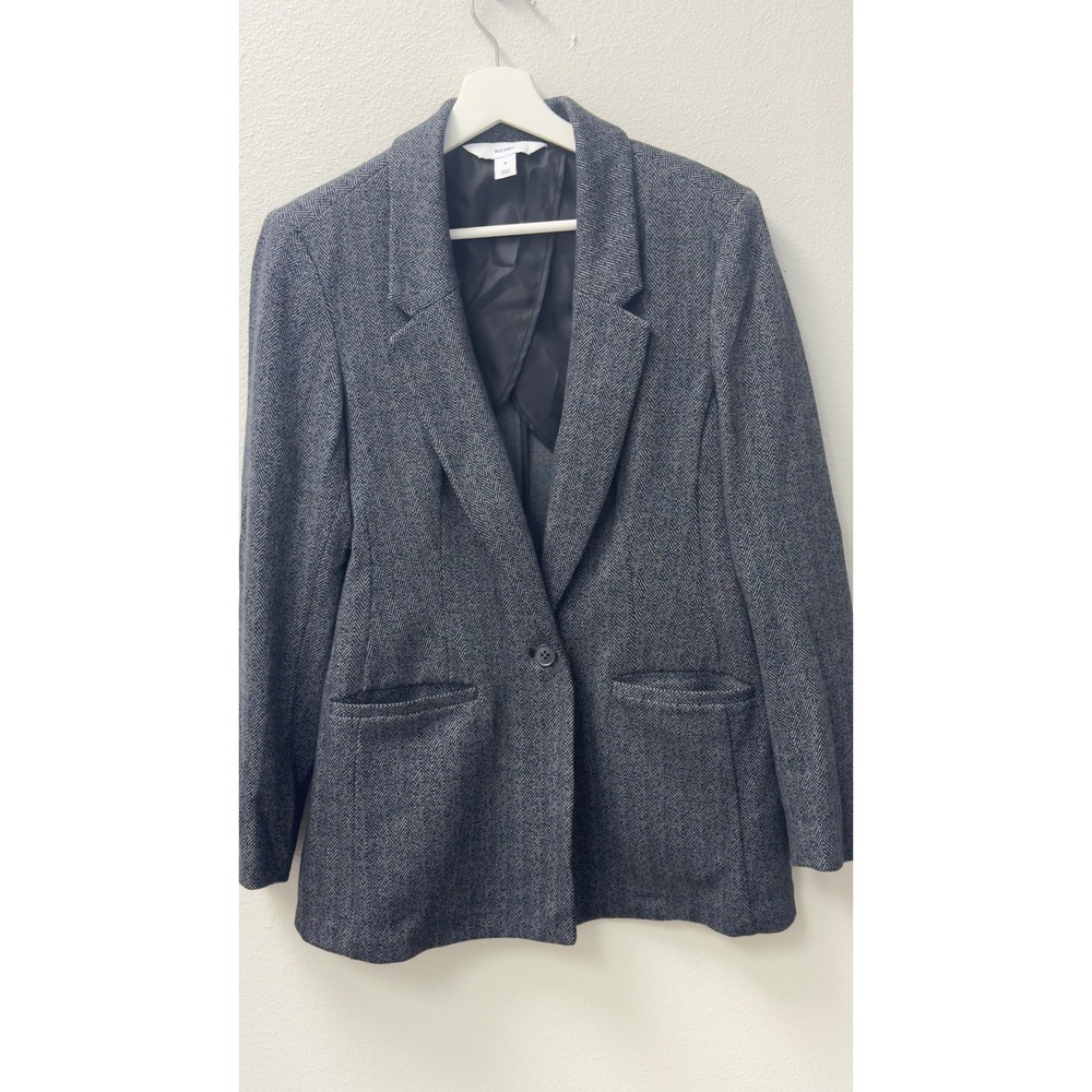 Old Navy Blazer Womens M Gray Herringbone Single Button‎ Jacket Academia Preppy